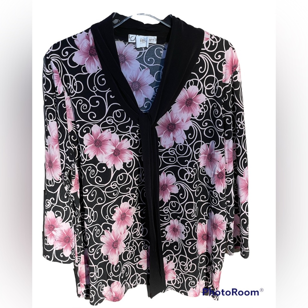 Dressbarn Blouse Dress Barn W Sz 2X Pullover Blouse Black Floral Pink Black Tie